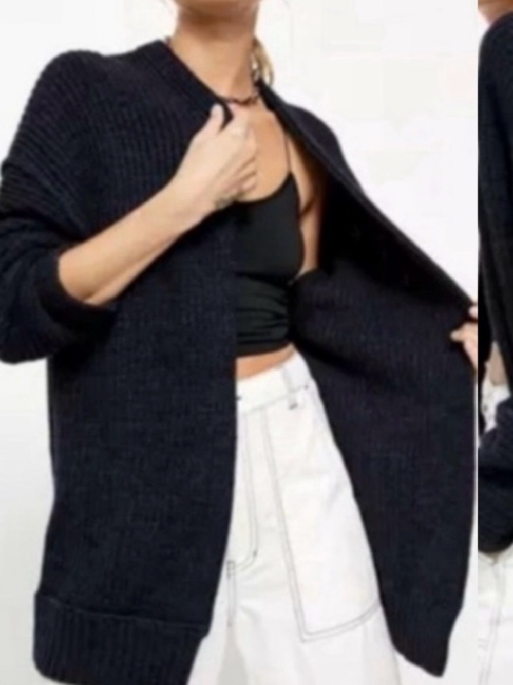 Free People High Hopes Chunky Ribbed Knit Cardigan Sweater: Navy Blue/Black